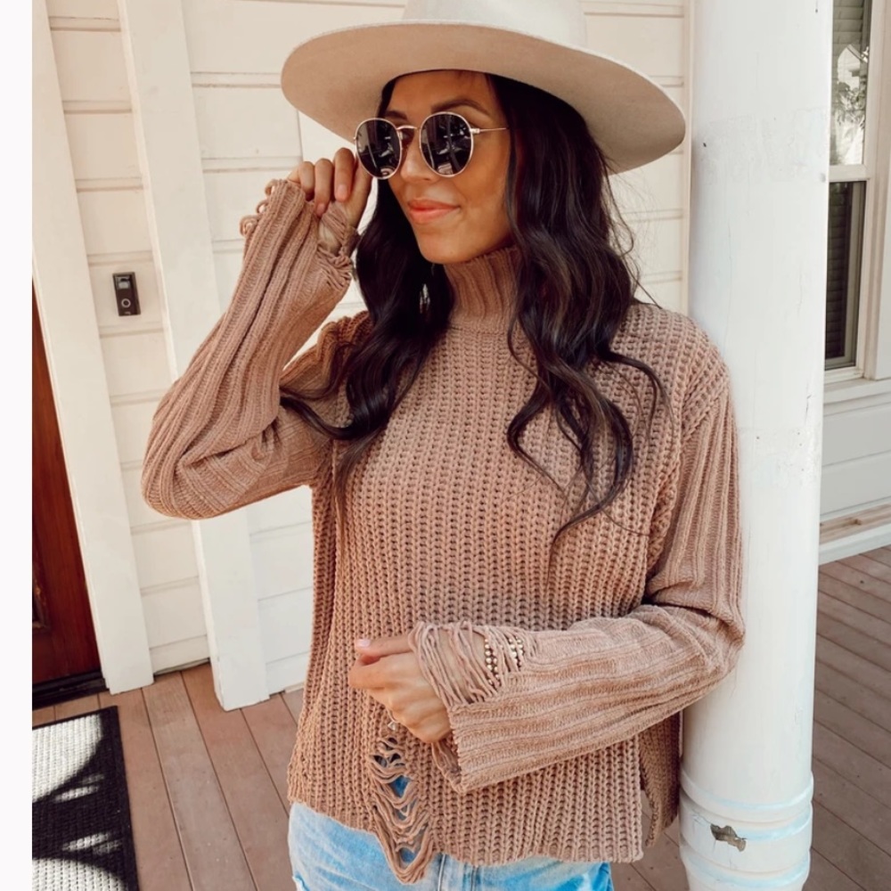 Taupe Distressed turtleneck sweater